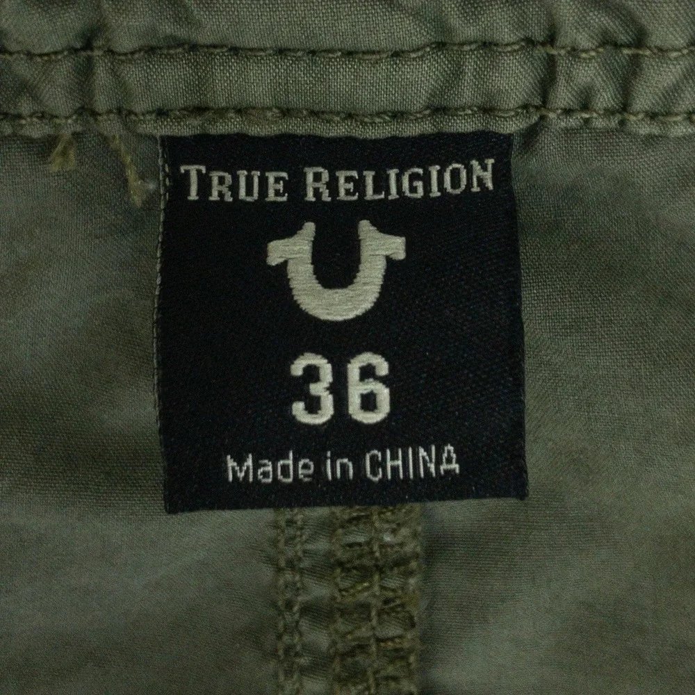 True Religion Terrain Cargo Shorts Mens 36 Olive Green Drawstring Zipper Pockets